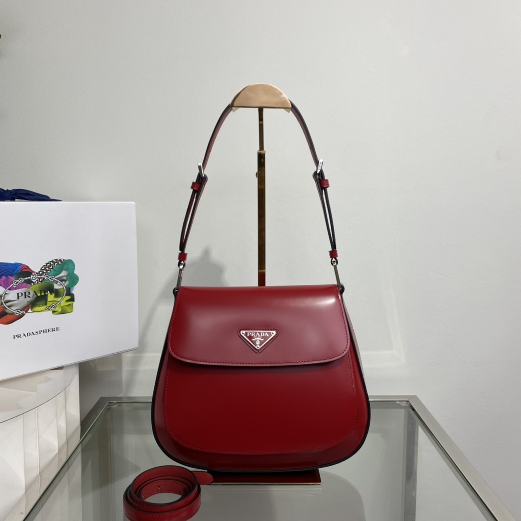 Prada Cleo Brushed Leather Shoulder Bag With Flap Bordeaux Red 1BD303